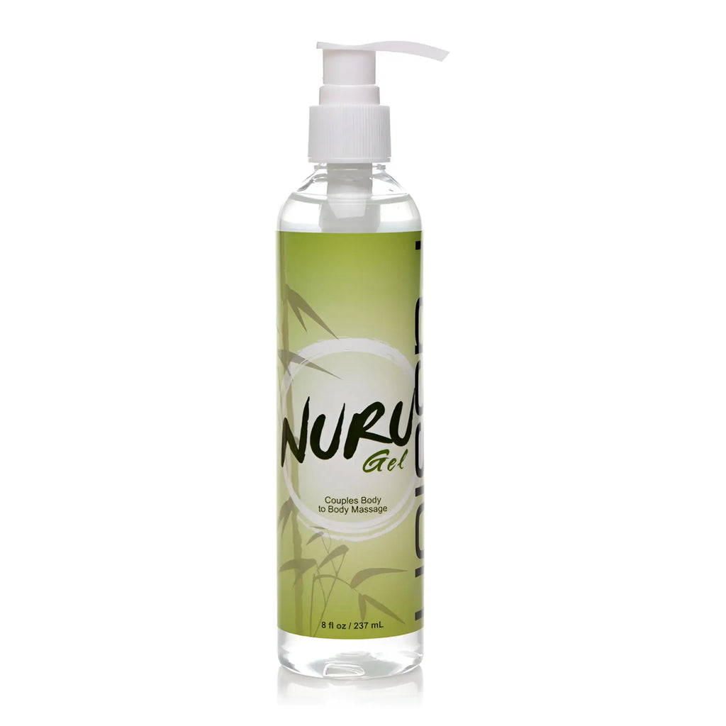 Passion Nuru Gel 8 fl oz pump bottle with a green label featuring bamboo illustrations against a white background.