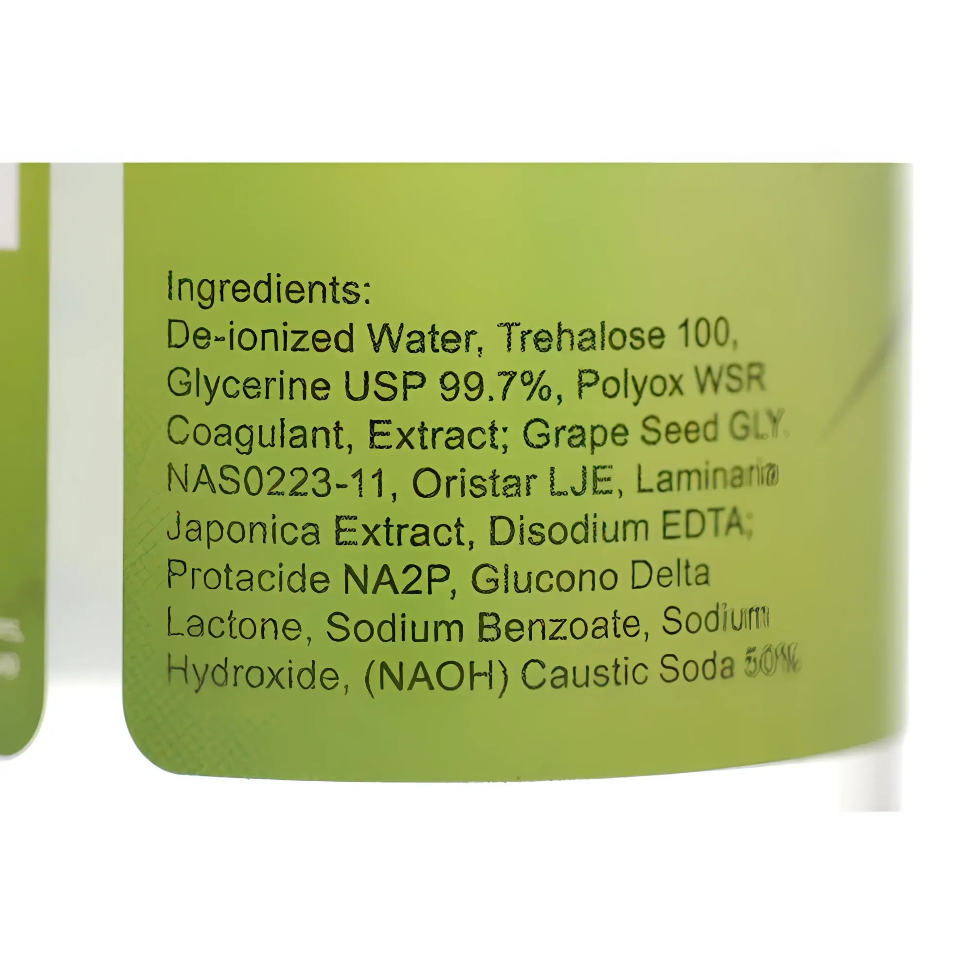Close-up of the Passion Nuru Kit label showing a list of ingredients printed in black text on a light green background.