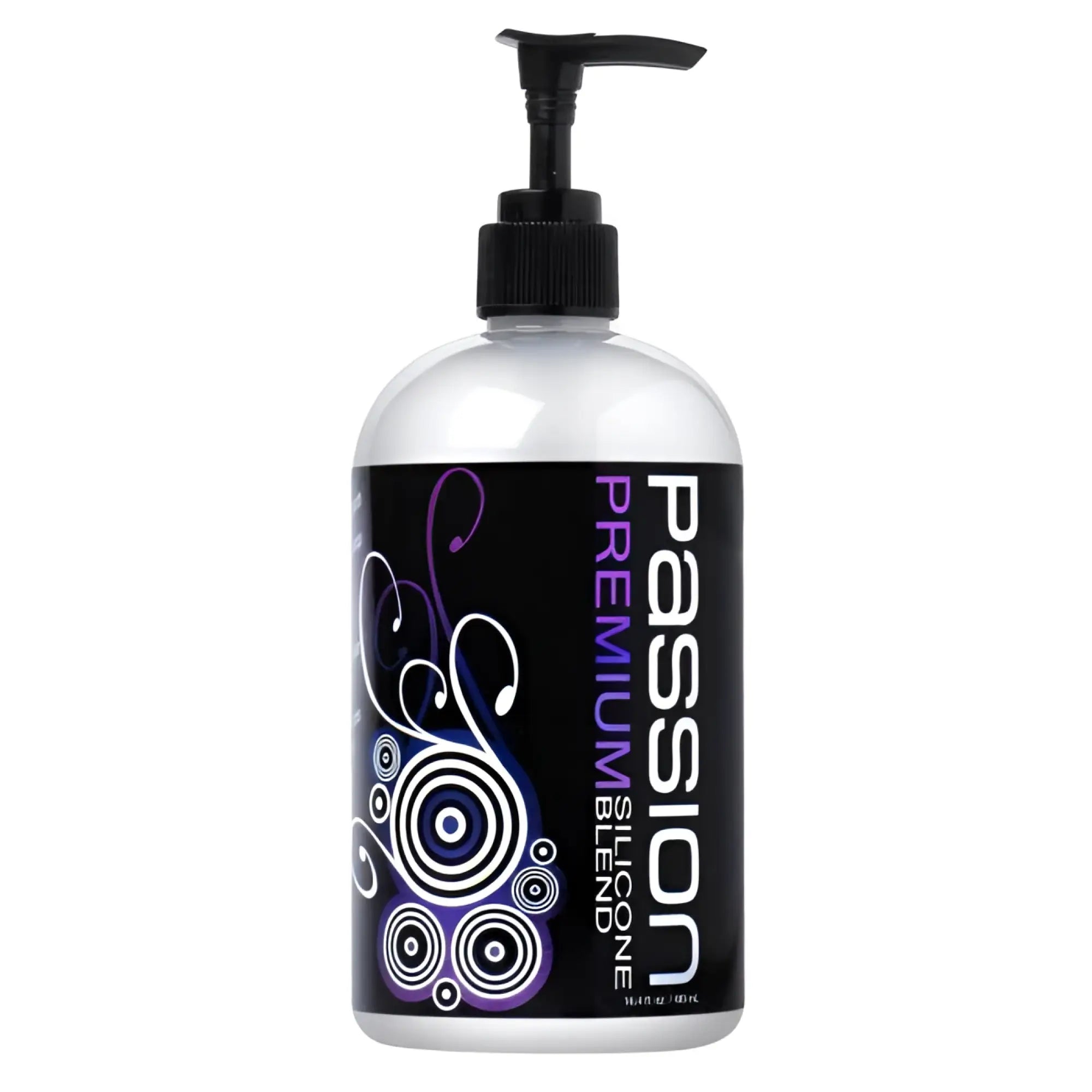 Passion Premium Silicone Hybrid Lubricant in a white bottle with a black pump and purple swirl graphic label.