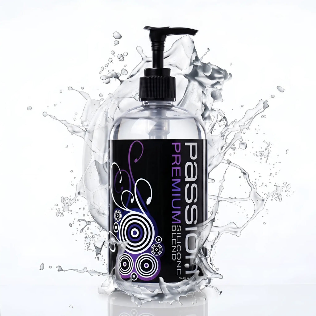 Passion Premium Silicone Hybrid Lubricant bottle with a black pump, set against a dynamic silver liquid splash effect.