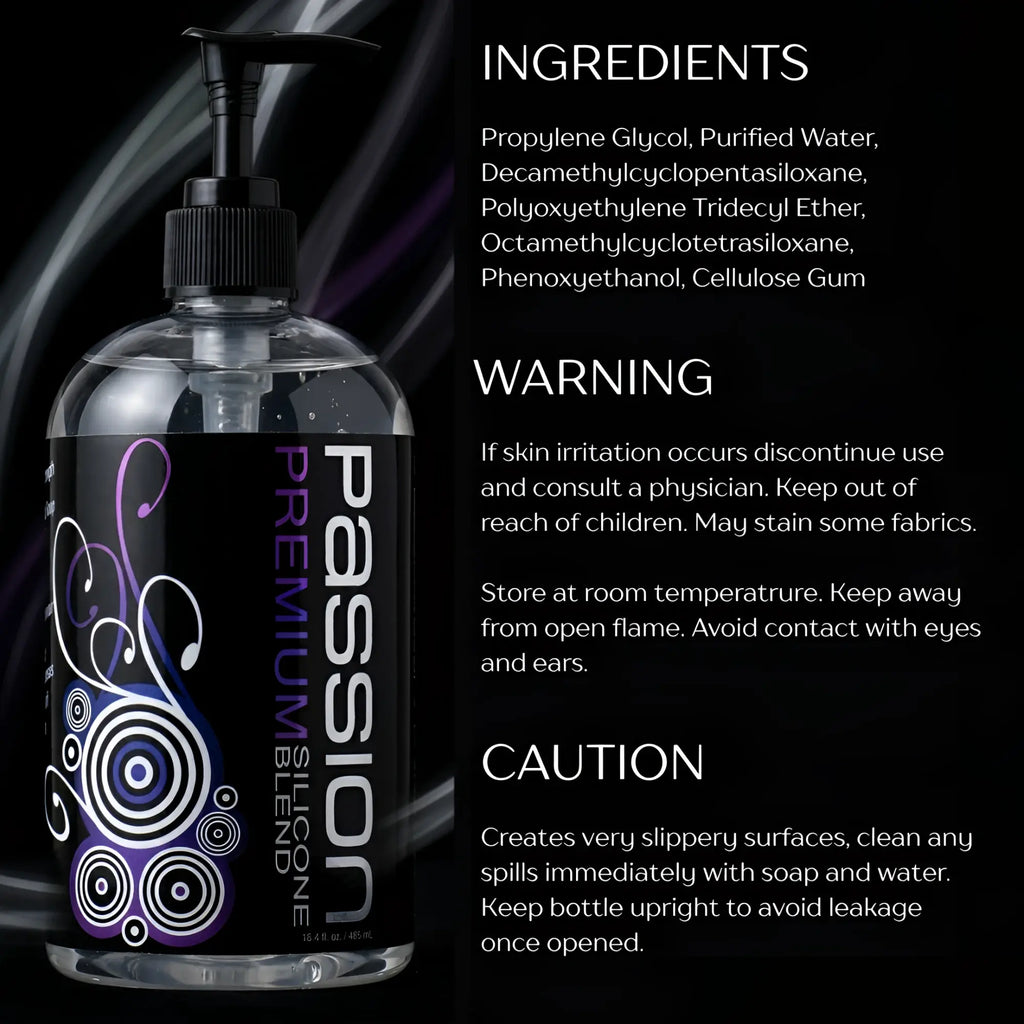 Passion Premium Silicone Hybrid Lubricant bottle with black label, purple swirl graphics, and text on a black background.