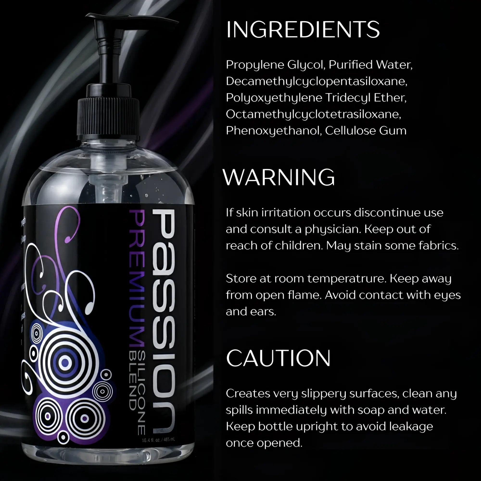 Passion Premium Silicone Hybrid Lubricant bottle with black label, purple swirl graphics, and text on a black background.