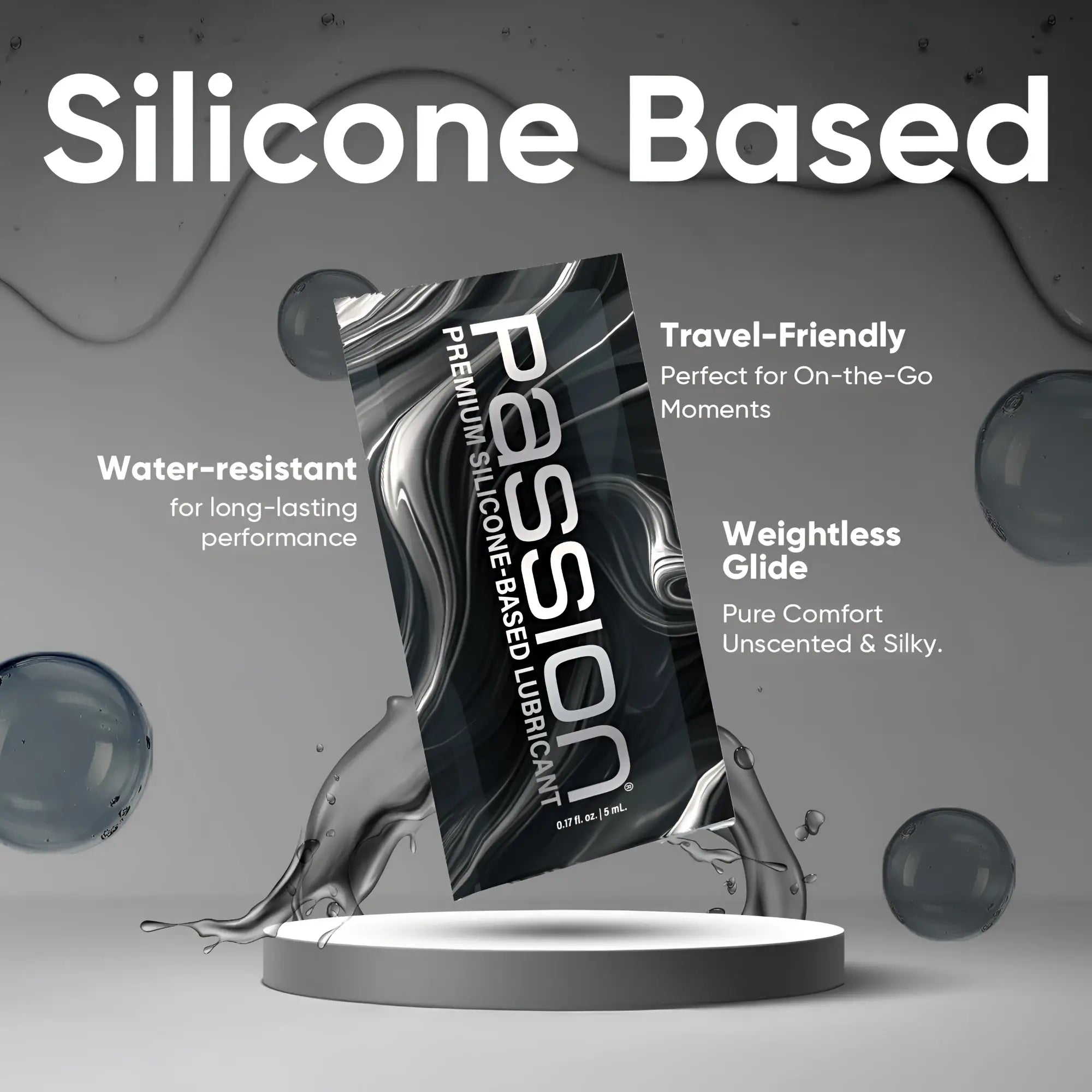 Passion Silicone 5ml lubricant satchel featuring a black and white marble design on a pedestal with liquid accents.