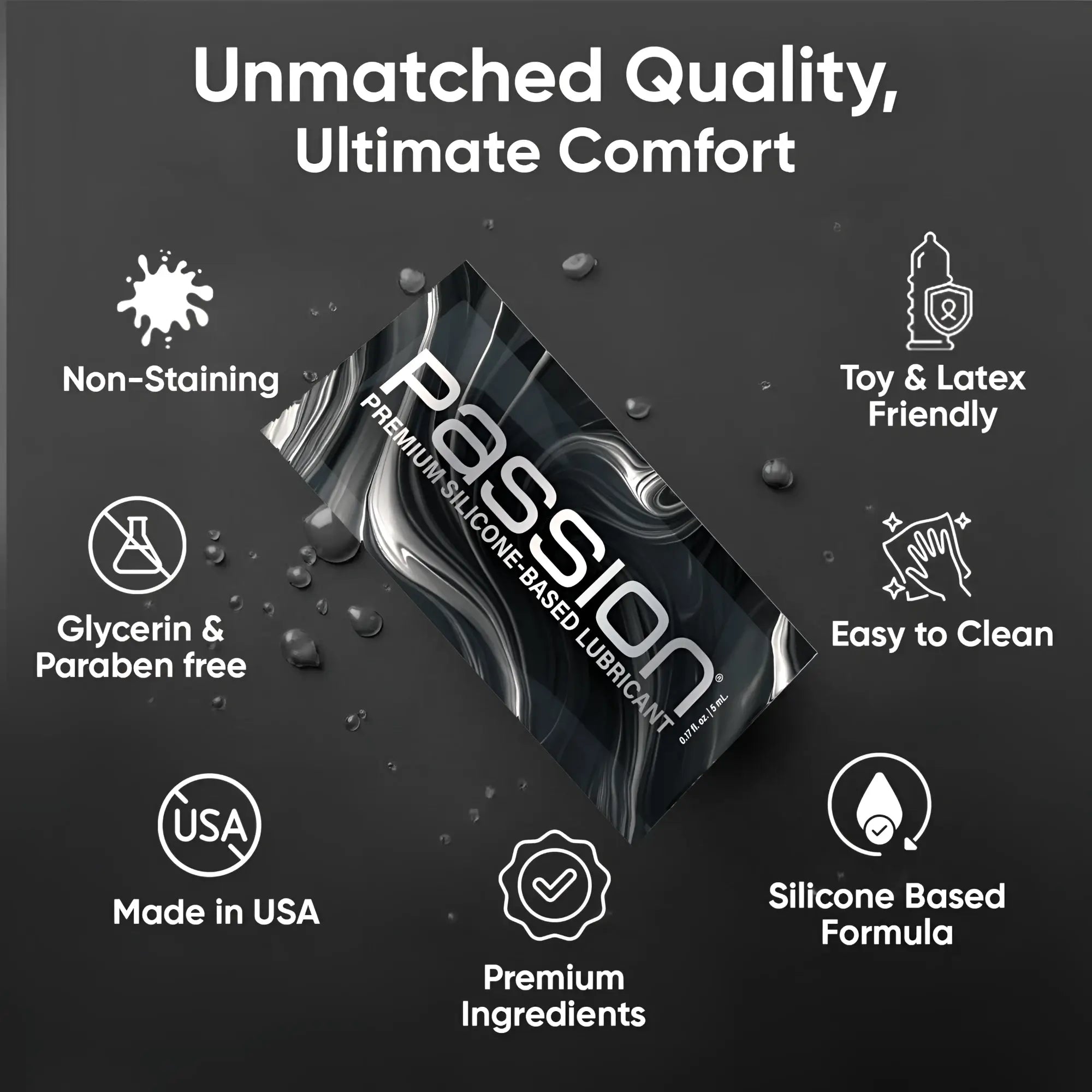 Passion Silicone 5ml lubricant satchel in black and white liquid swirl packaging with icons listing key product benefits.