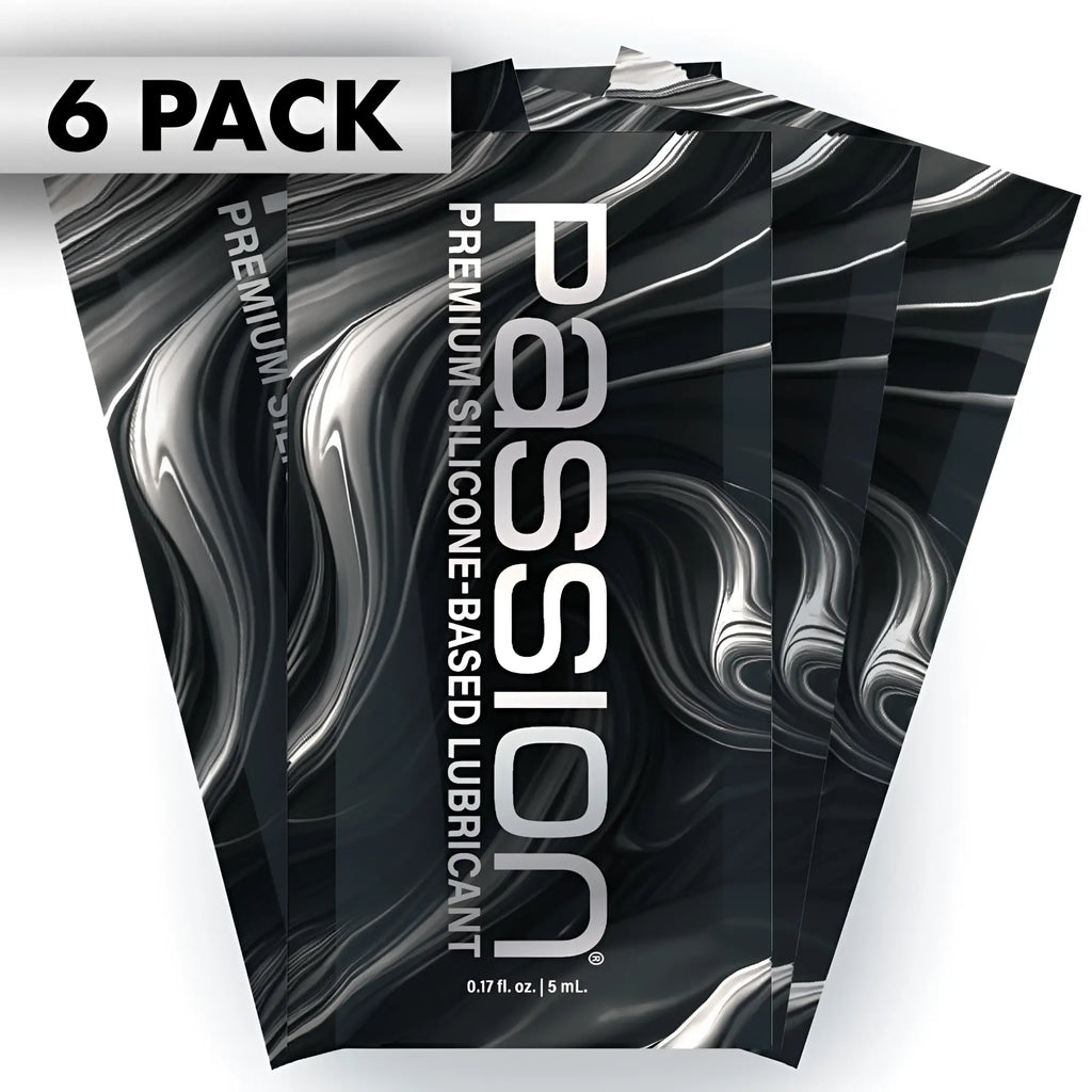 Six-pack of Passion Premium Silicone 5ml satchels with a sleek, abstract black and silver marble design.