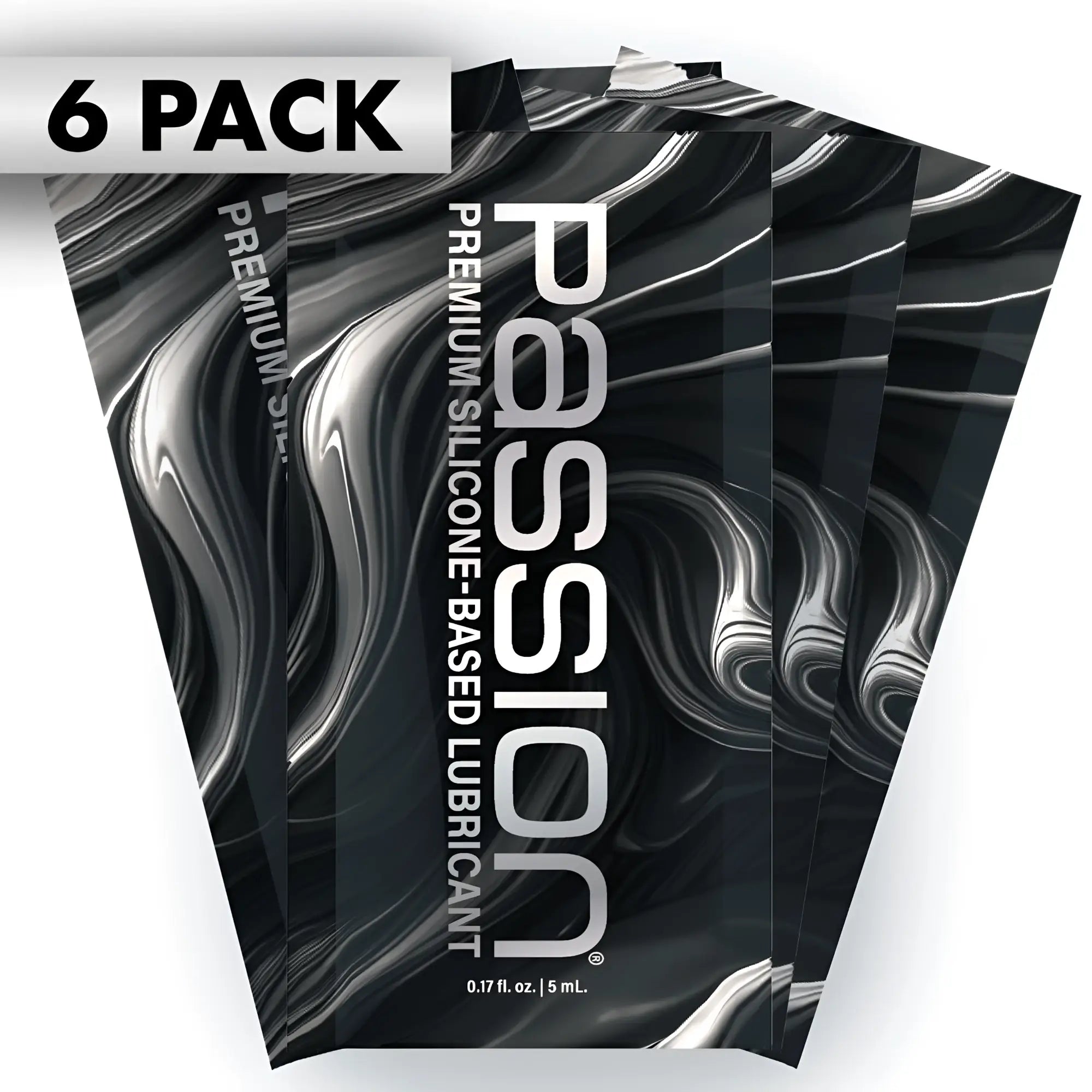 Six-pack of Passion Premium Silicone 5ml satchels with a sleek, abstract black and silver marble design.