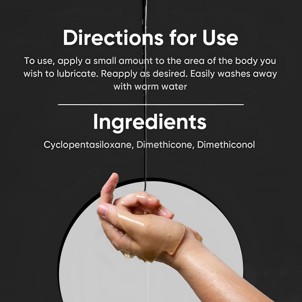 Passion Silicone 5ml satchel product info: clear gel being poured onto a hand against a black background.