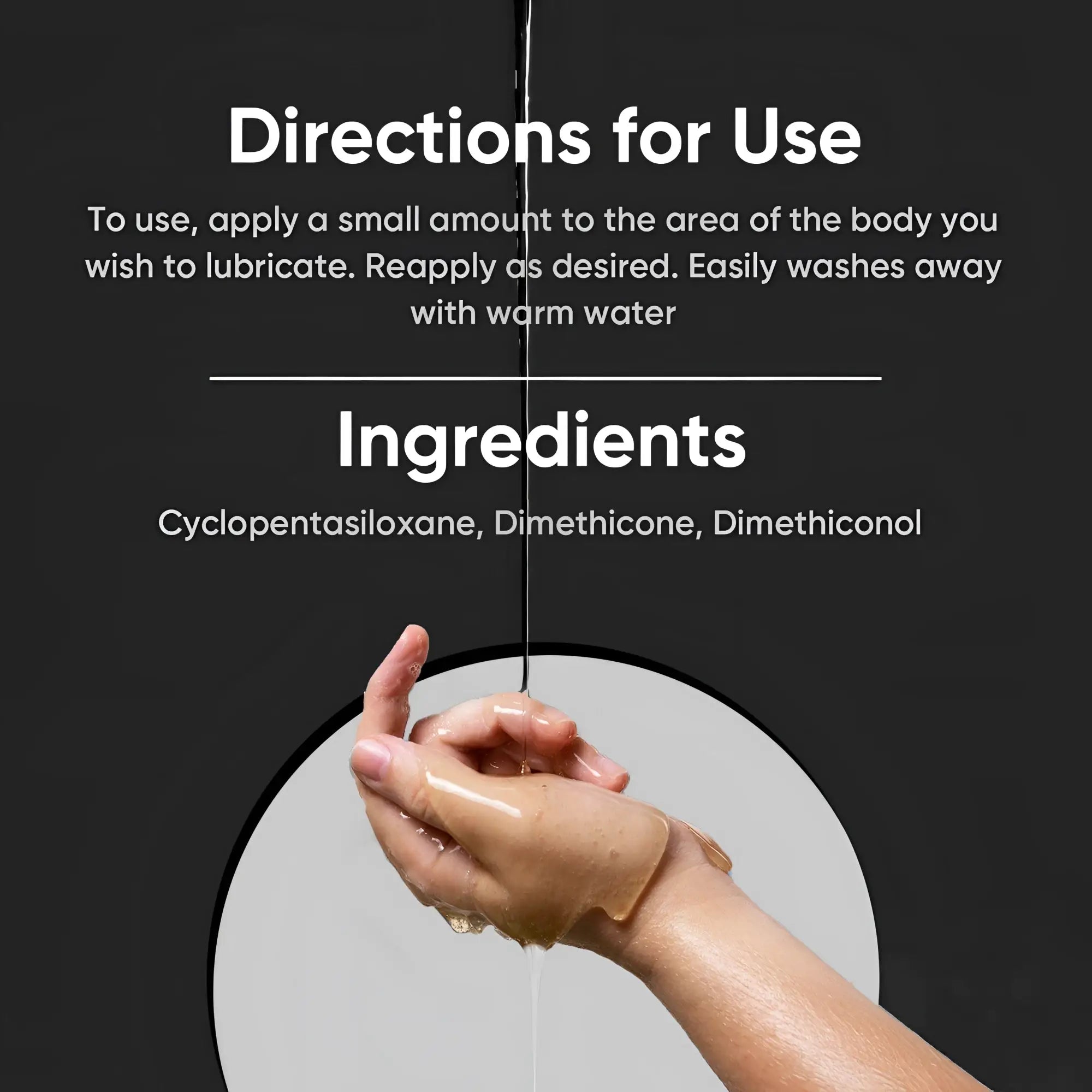 Passion Silicone 5ml satchel product info: clear gel being poured onto a hand against a black background.