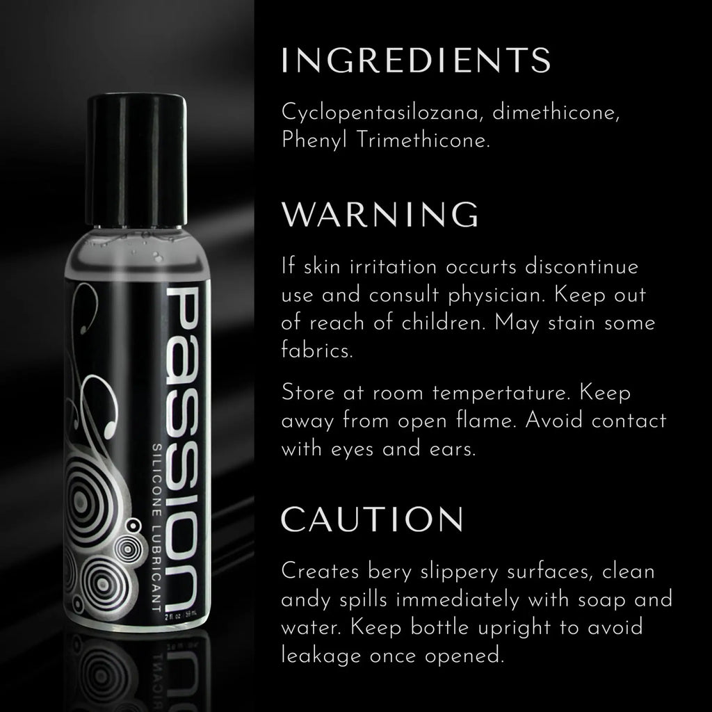 Passion Silicone-Based Lubricant in a sleek black and silver bottle with swirl designs, next to product info text.
