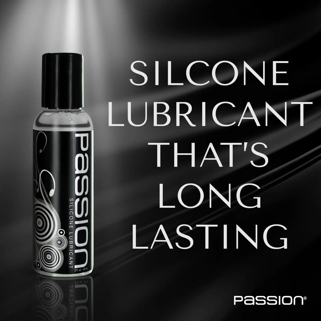 Passion Silicone-Based Lubricant bottle with black cap and sleek, modern patterned label on a black background.