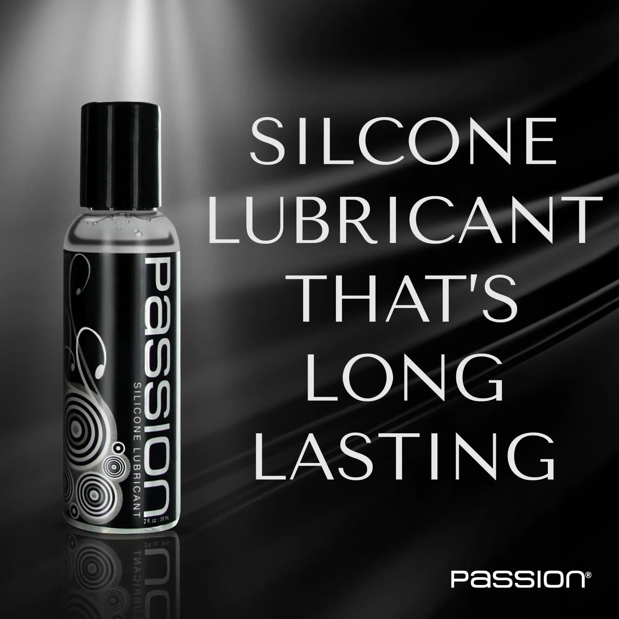 Passion Silicone-Based Lubricant bottle with black cap and sleek, modern patterned label on a black background.