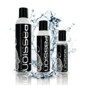 Three bottles of Passion Silicone-Based Lubricant in varying sizes with black labels, set against a water splash.
