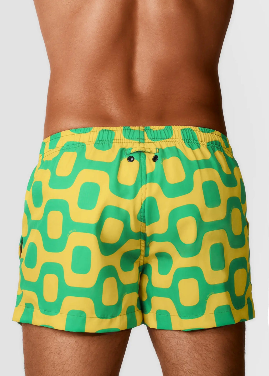 Pavement shorts italian swim trunks with bright yellow and green geometric retro pattern for beachwear