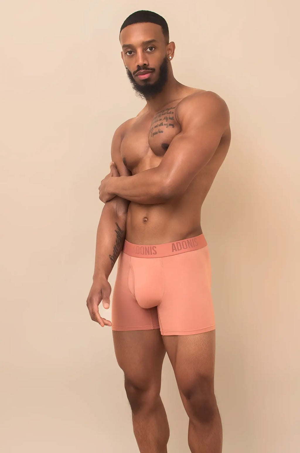 Peach cream cotton boxer brief with soft peach hue and addonis brand name printed on the waistband