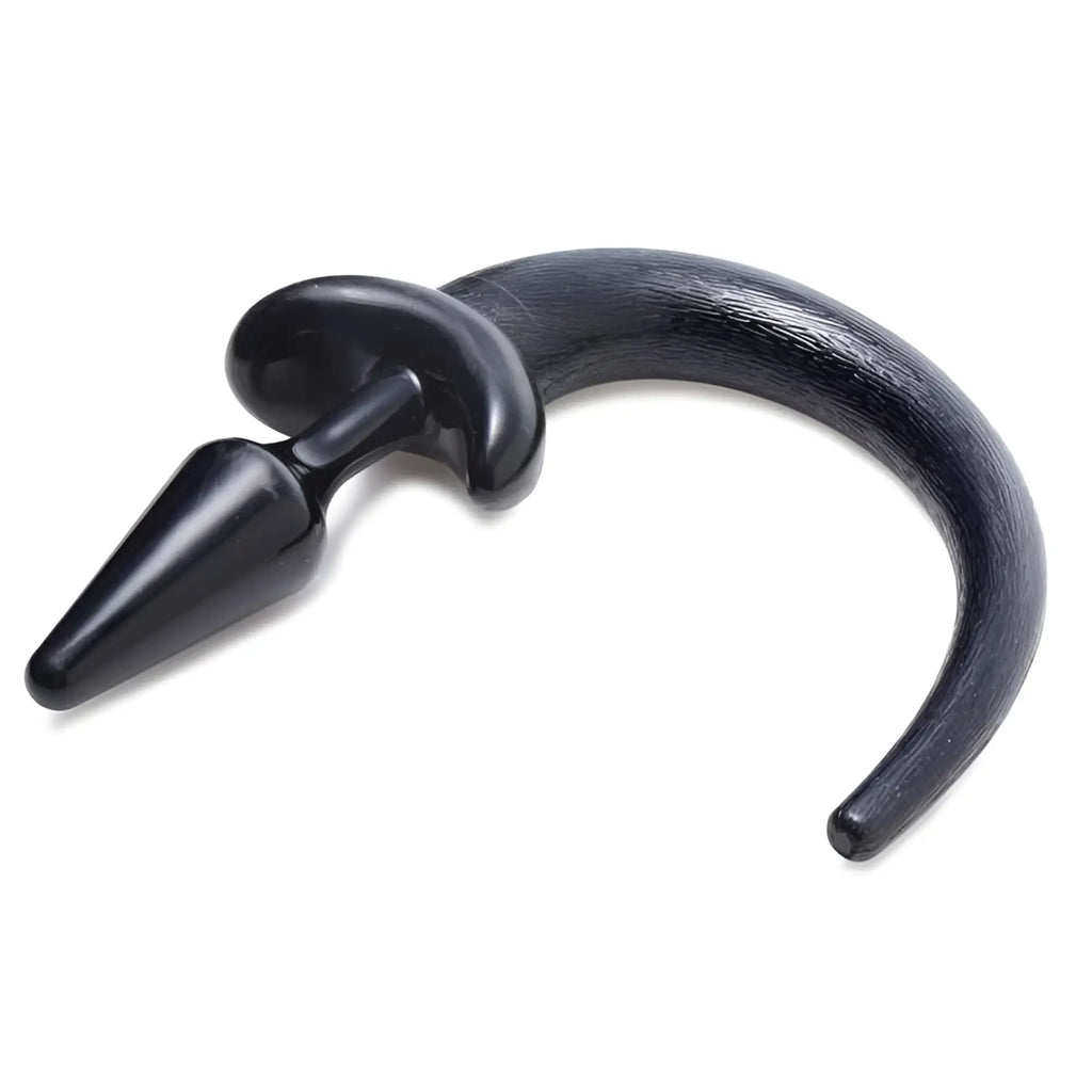 Black curved plastic anal plug with textured surface and rounded handle from Pedigree Puppy Play Tail Plug