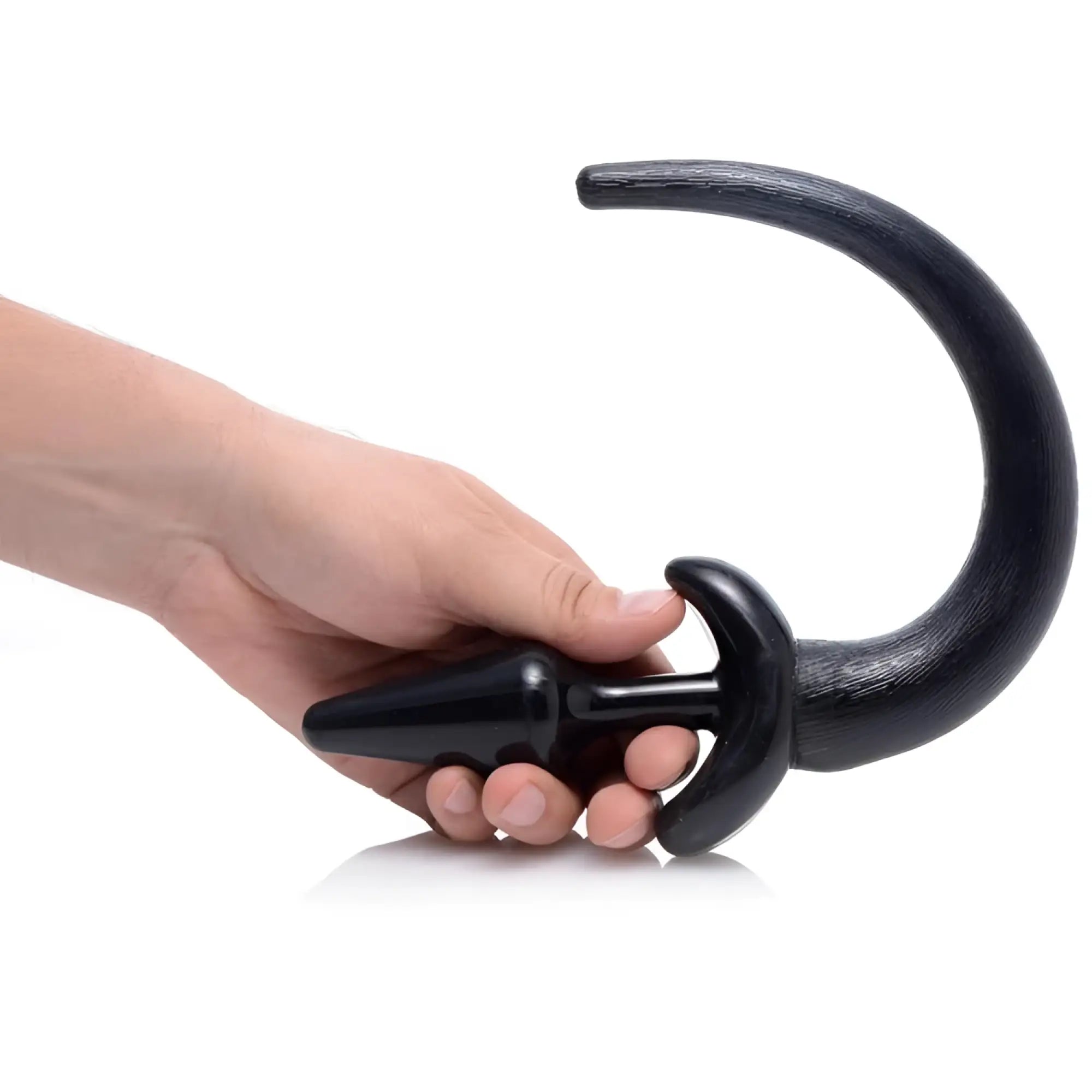 Black plastic anal plug with curved handle and textured grip for pedigree puppy play tail plug use