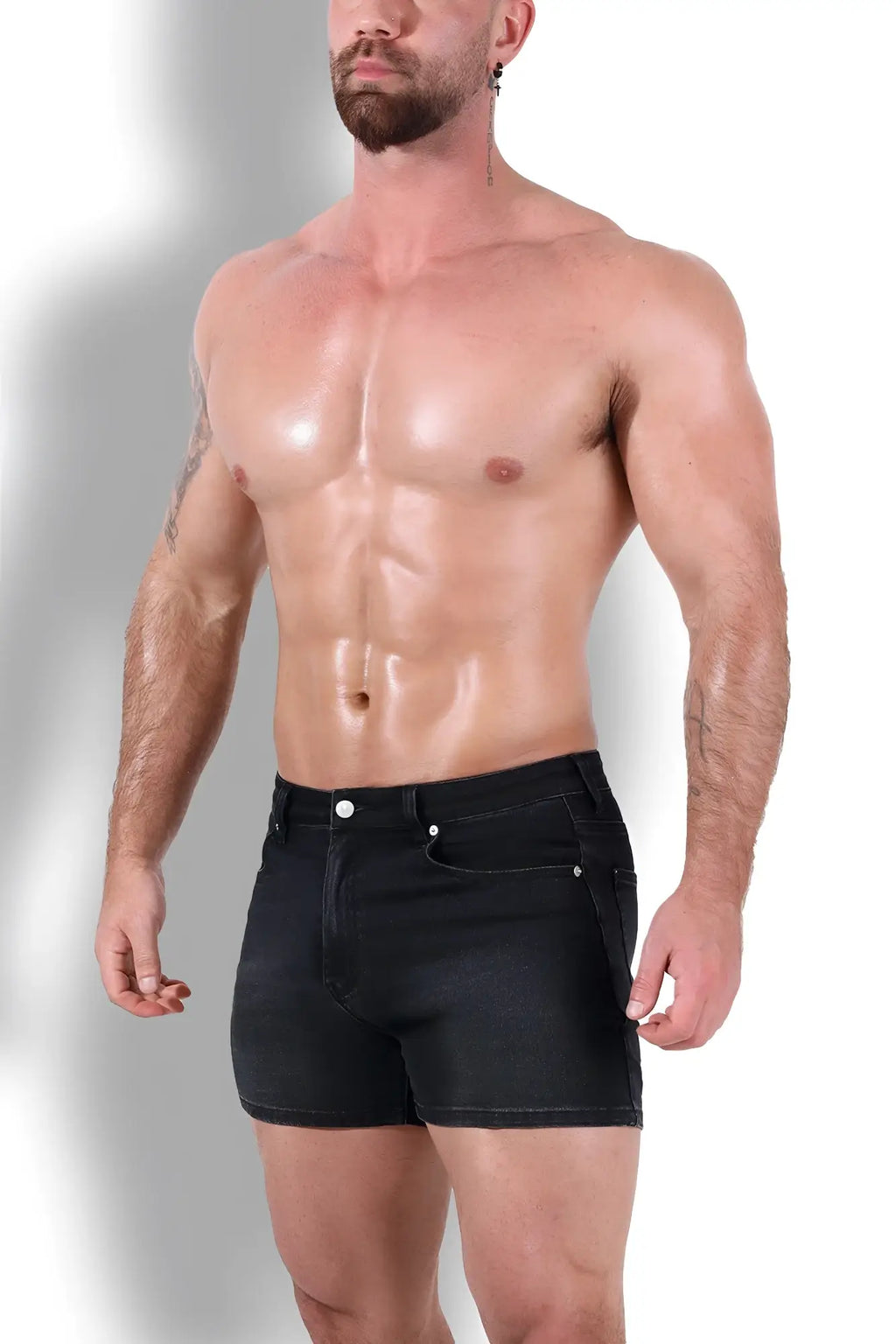Black peek-a-boo denim shorts with classic five-pocket design and silver-toned hardware