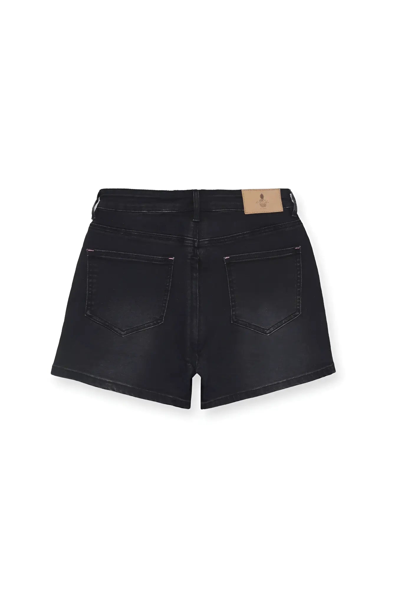 Back view of peek-a-boo denim shorts in black with faded wash and classic denim back pockets