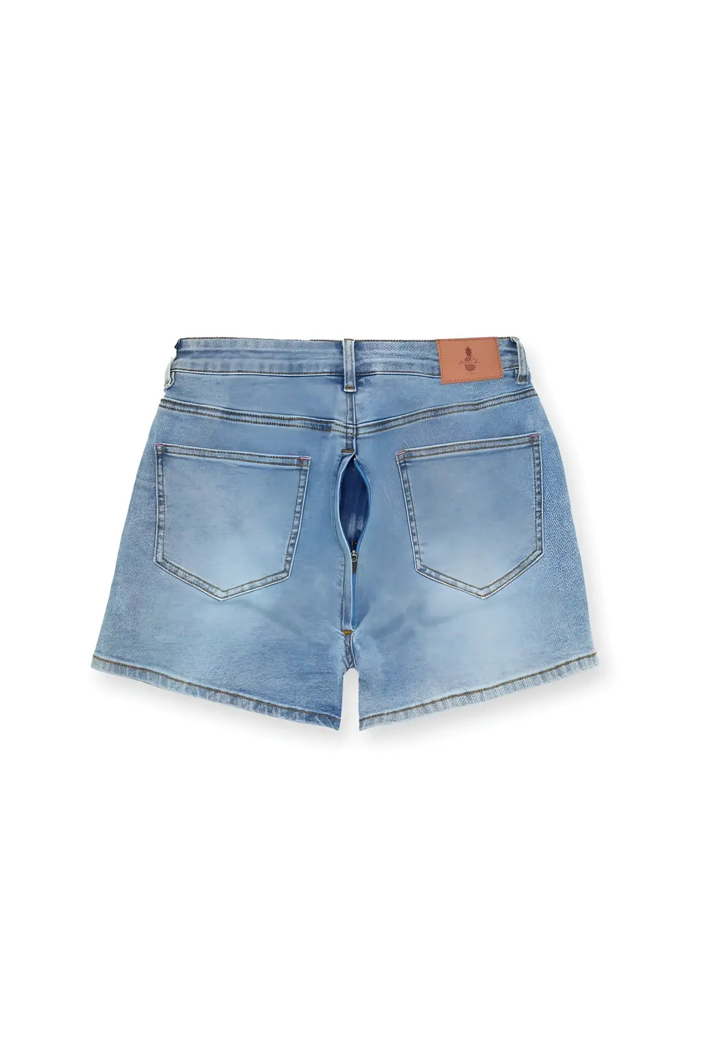 Back side of peek-a-boo denim shorts in dark blue with classic back pocket design and frayed hem in light wash denim