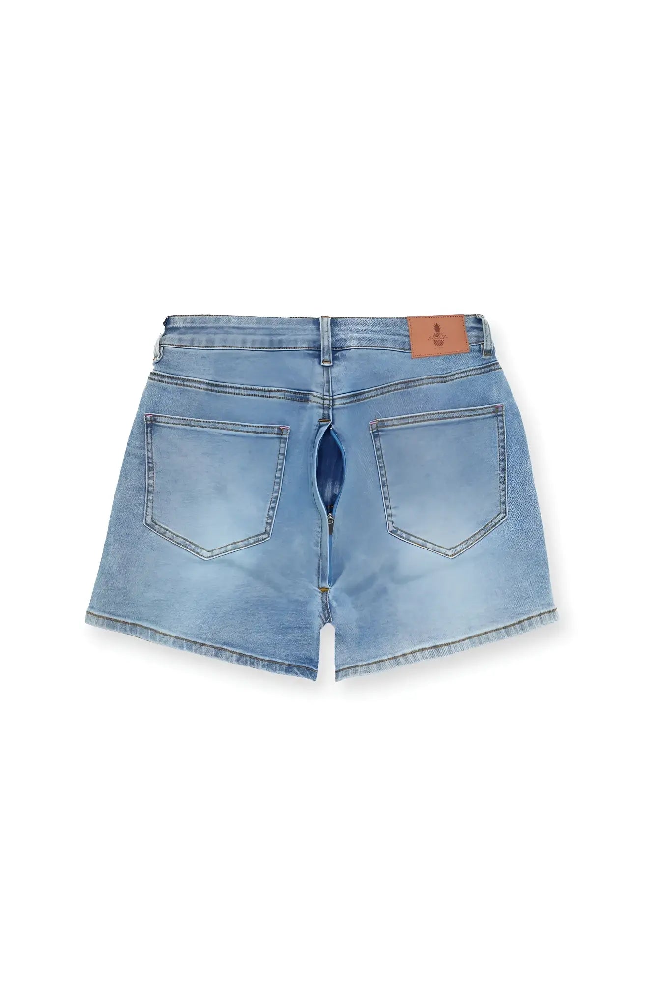 Back side of peek-a-boo denim shorts in dark blue with classic back pocket design and frayed hem in light wash denim
