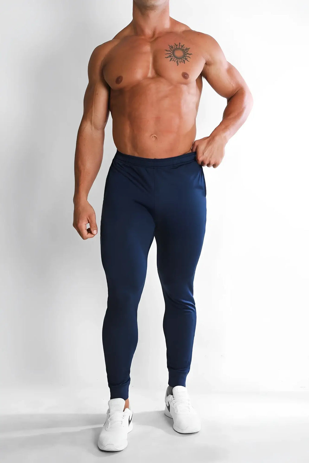 Navy blue peek-a-boo joggers athletic leggings with snug fit elastic waistband ideal for active wear
