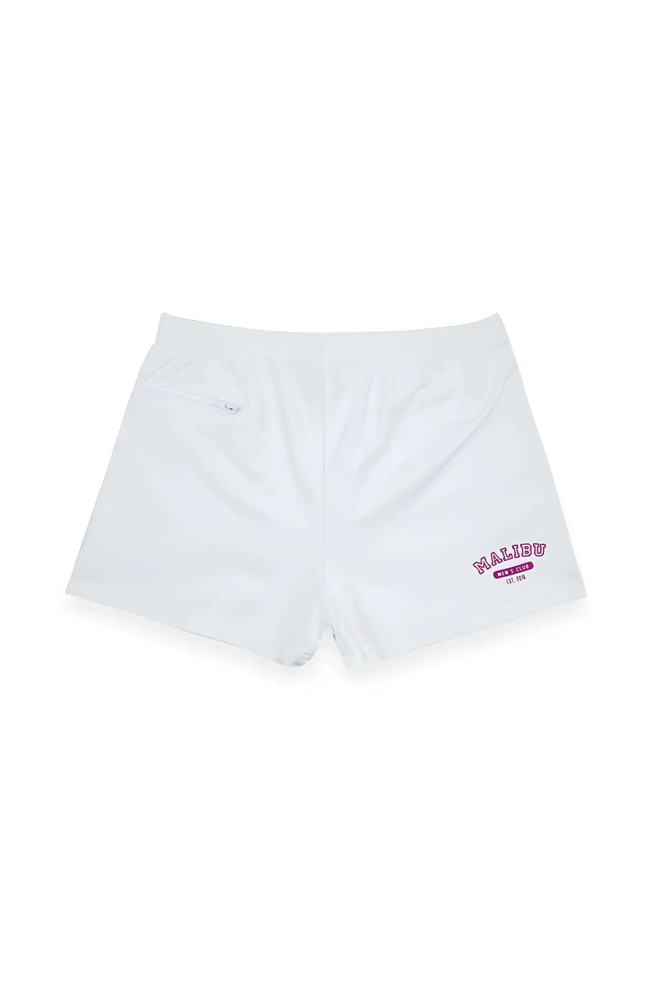 Peek-a-boo varsity 2 inch marshmallow white athletic shorts with pink malibu logo embroidered on lower right leg