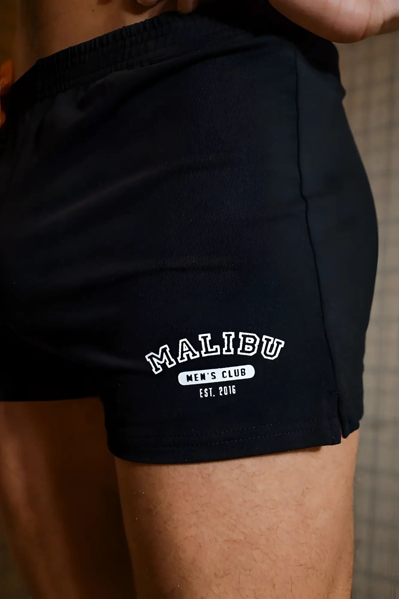 Black Peek-A-Boo varsity 2 inch shorts with white embroidered malibu mens club est in midnight color