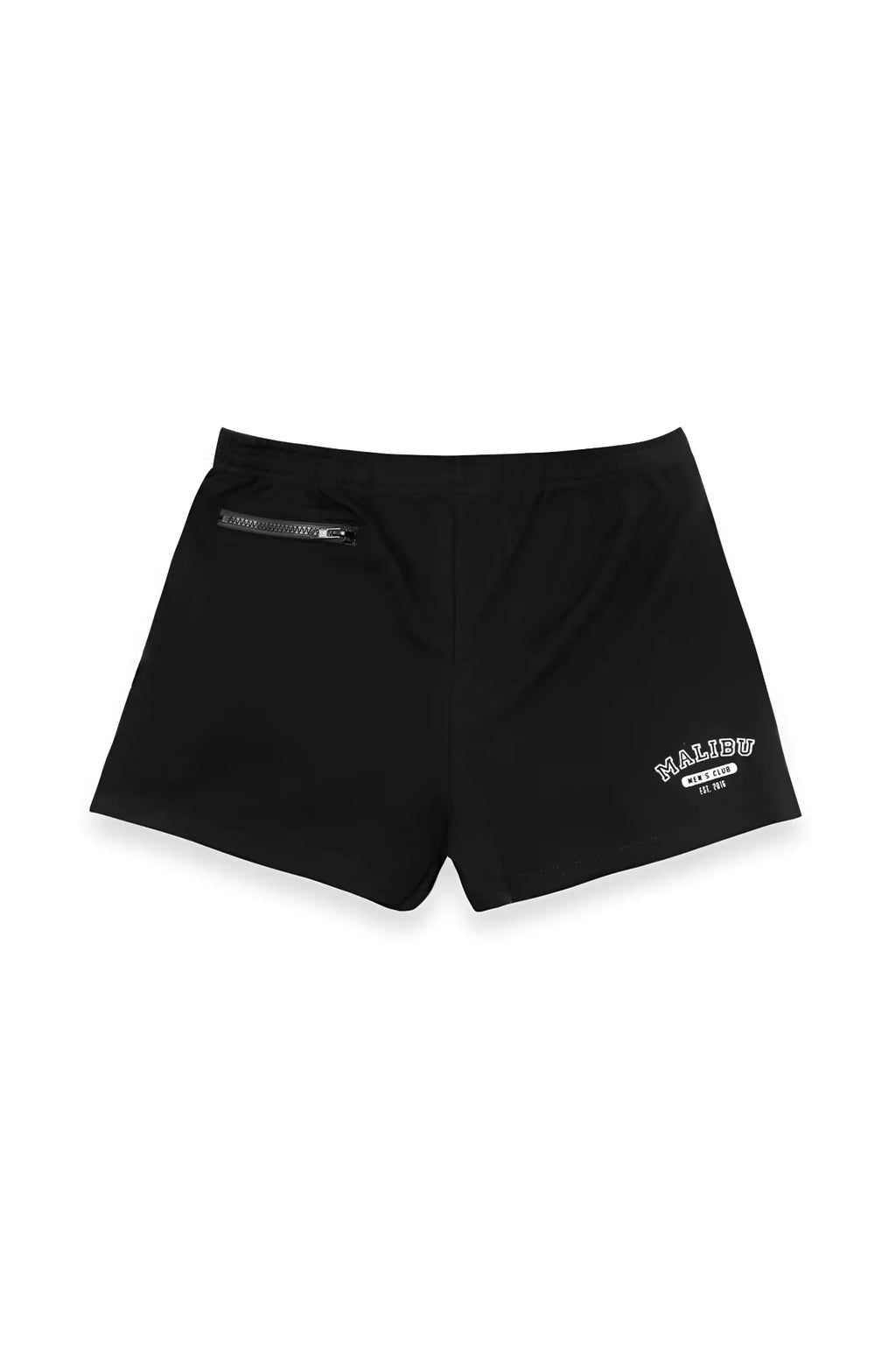 Black malibu swim trunks with silver zipper pocket and white embroidered logo on the side in midnight color