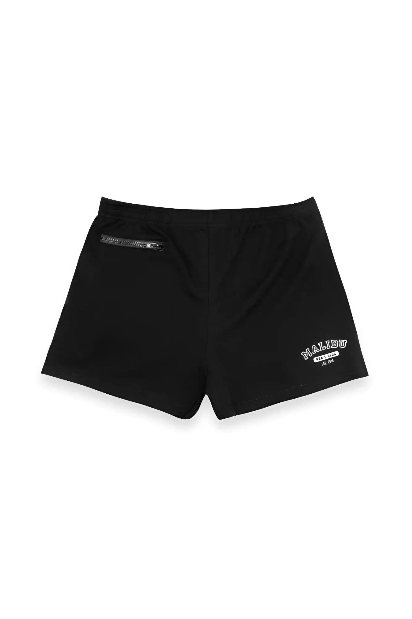 Black malibu swim trunks with silver zipper pocket and white embroidered logo on the side in midnight color