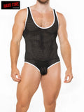 Black mesh one-piece singlet with white trim peep backless design by hard core showing back side view