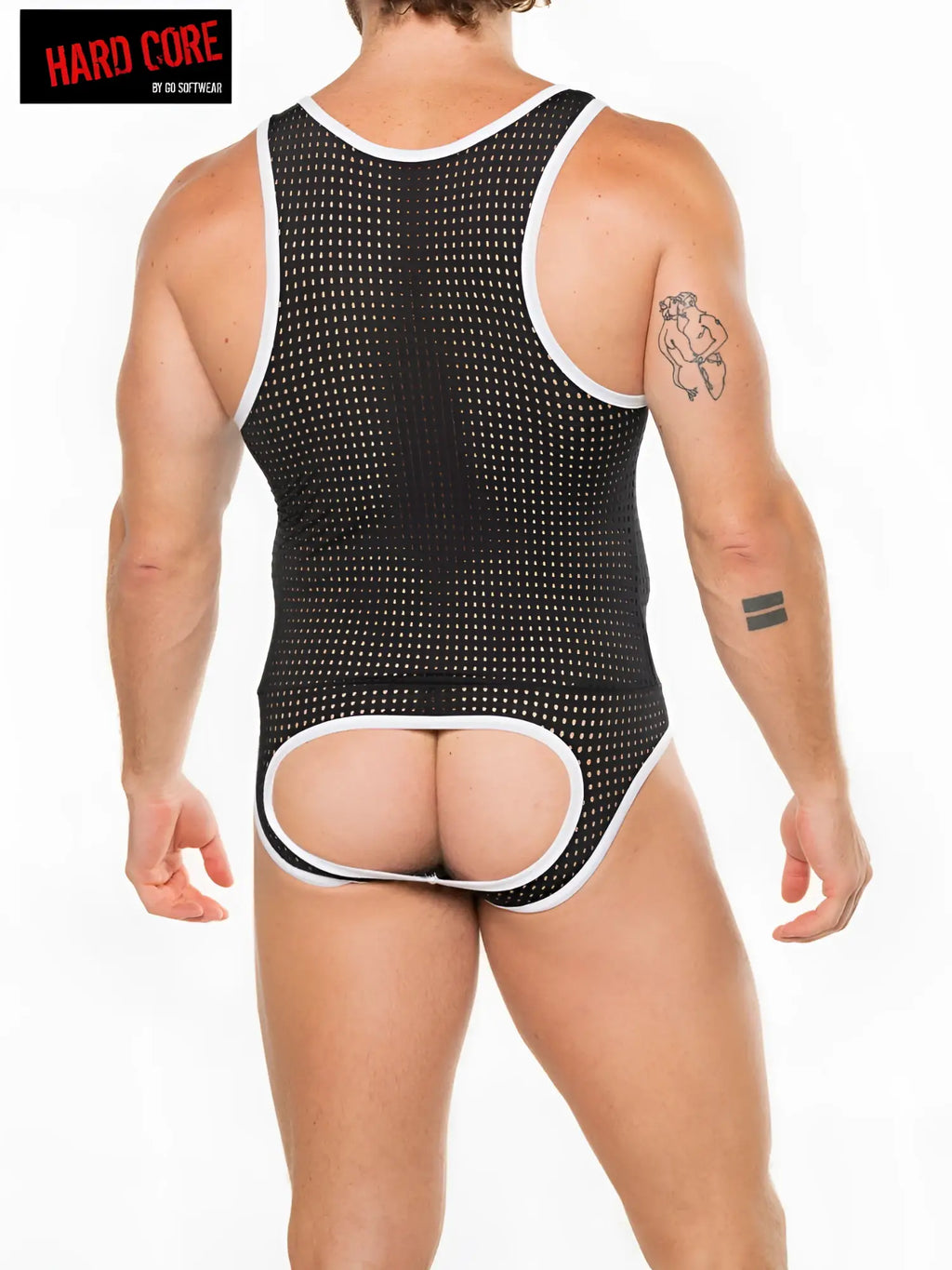 Back view of black mesh peep backless singlet tank top with white trim by hard core by go softwear
