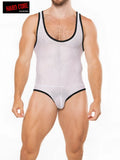White mesh peep backless singlet with black trim featuring a snug fit and breathable fabric