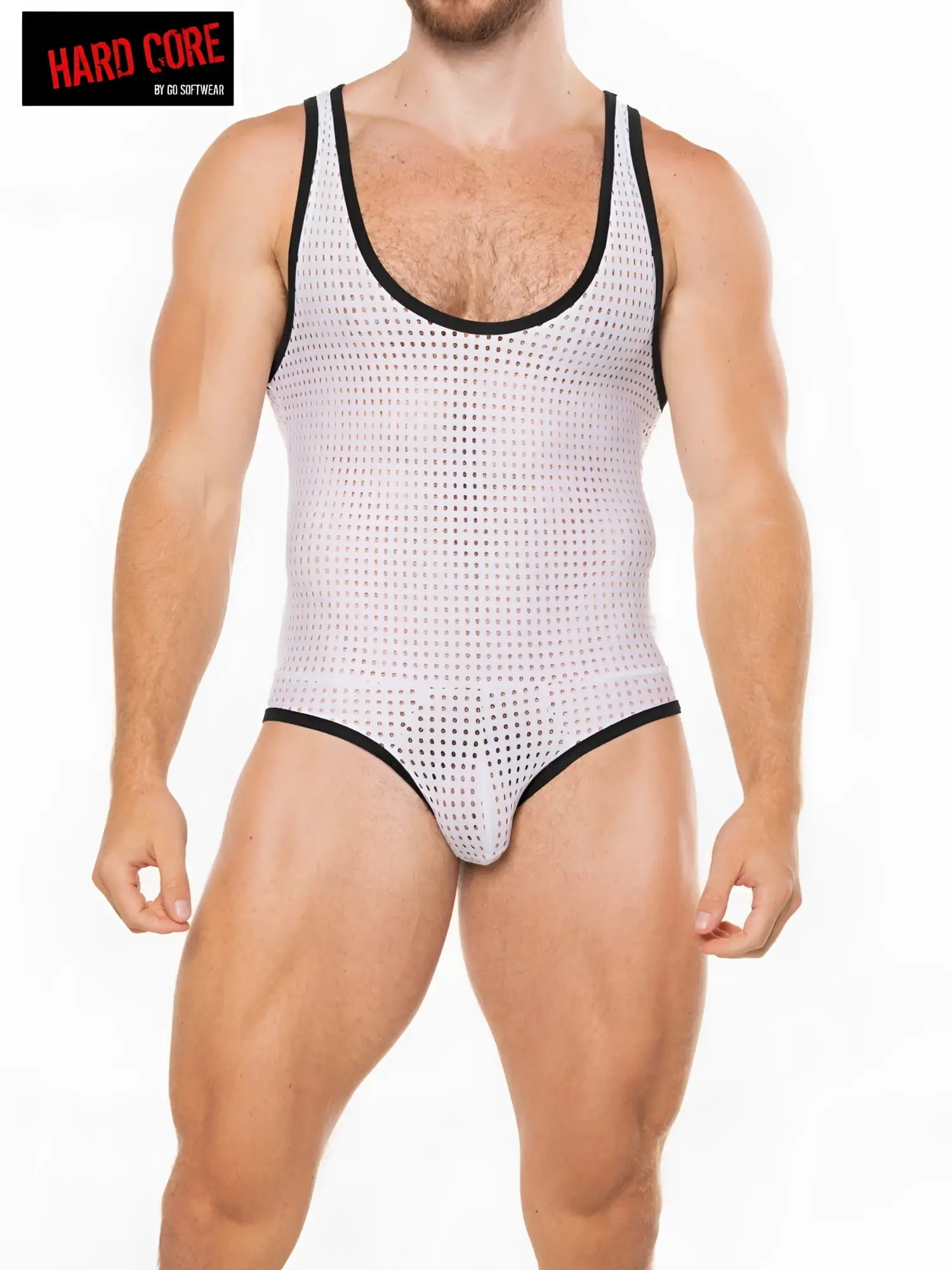 White mesh peep backless singlet with black trim featuring a snug fit and breathable fabric