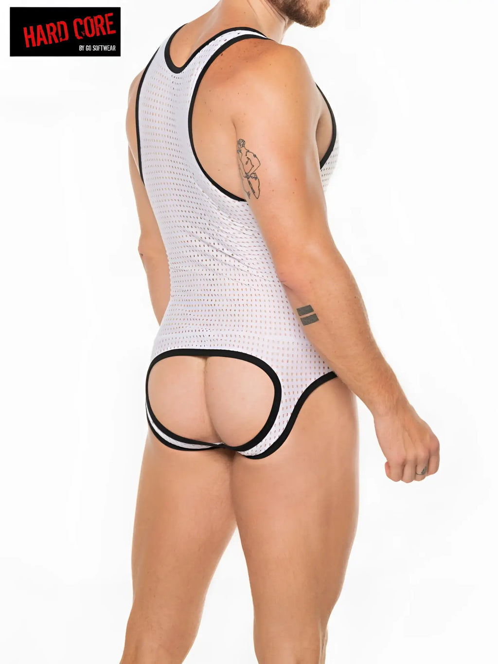 Back view of white mesh tank top with black trim and distinctive cutout by hard core by go softwear peep backless singlet