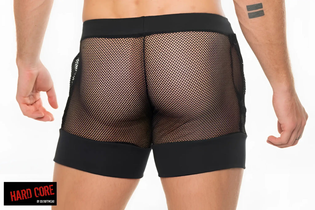Peep master short black mesh shorts with solid black elastic waistband and leg cuffs for breathable comfort