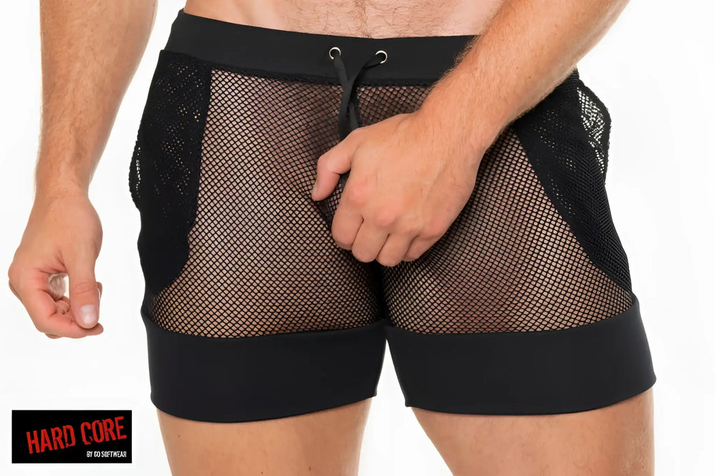 Peep master short black mesh shorts with solid black side panels and waistband featuring a drawstring closure