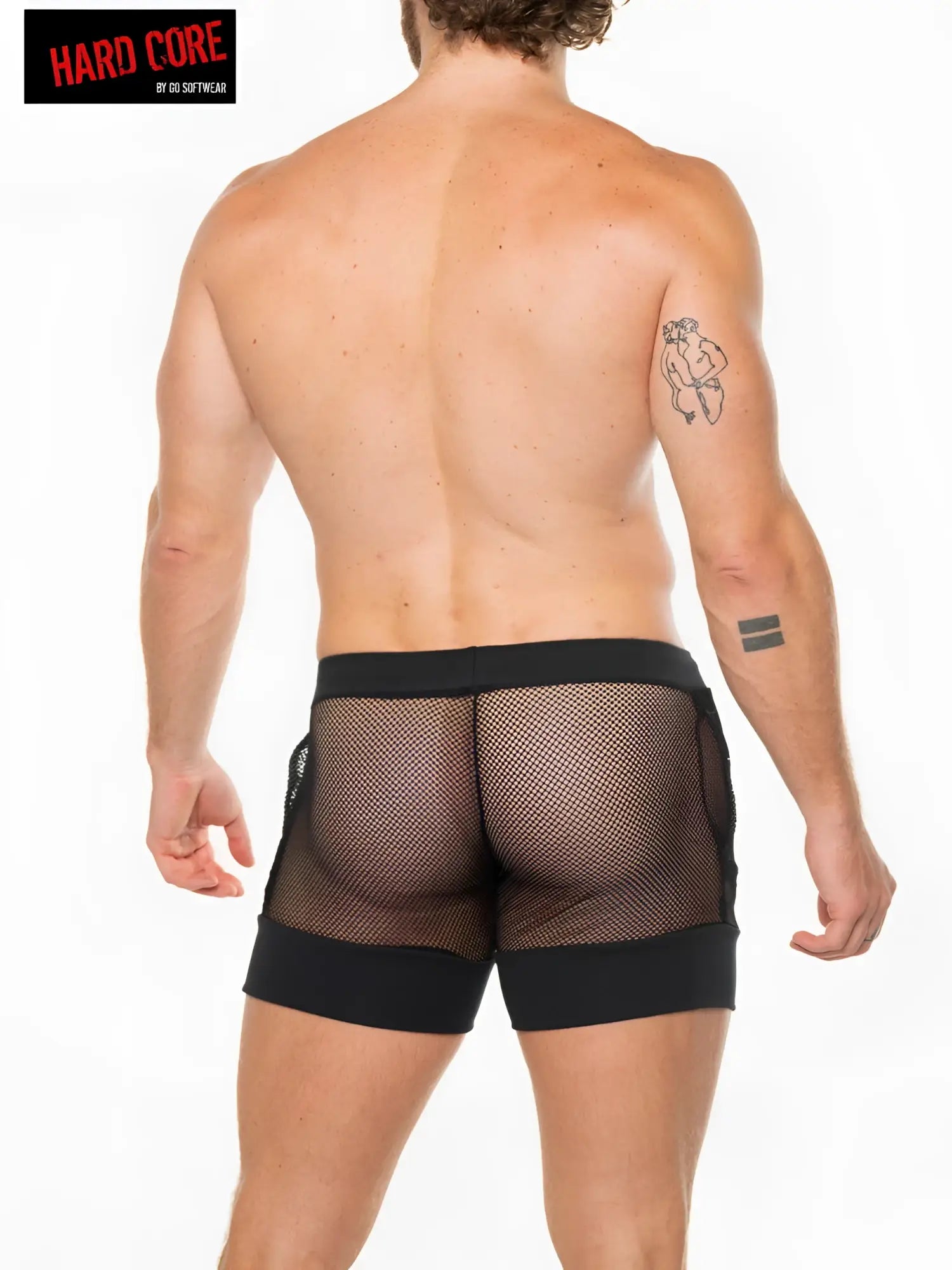 Peep Master Short black mesh shorts with solid black waistband and cuffs featuring bold hard core design