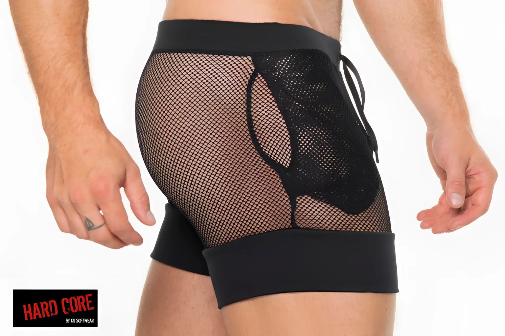 Peep Master Short black mesh shorts with solid waistband and cuffs featuring intricate lace-like side design