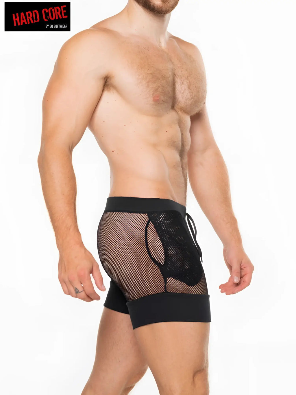 Black mesh Peep master short briefs with solid black lace-up side panel for stylish breathable wear