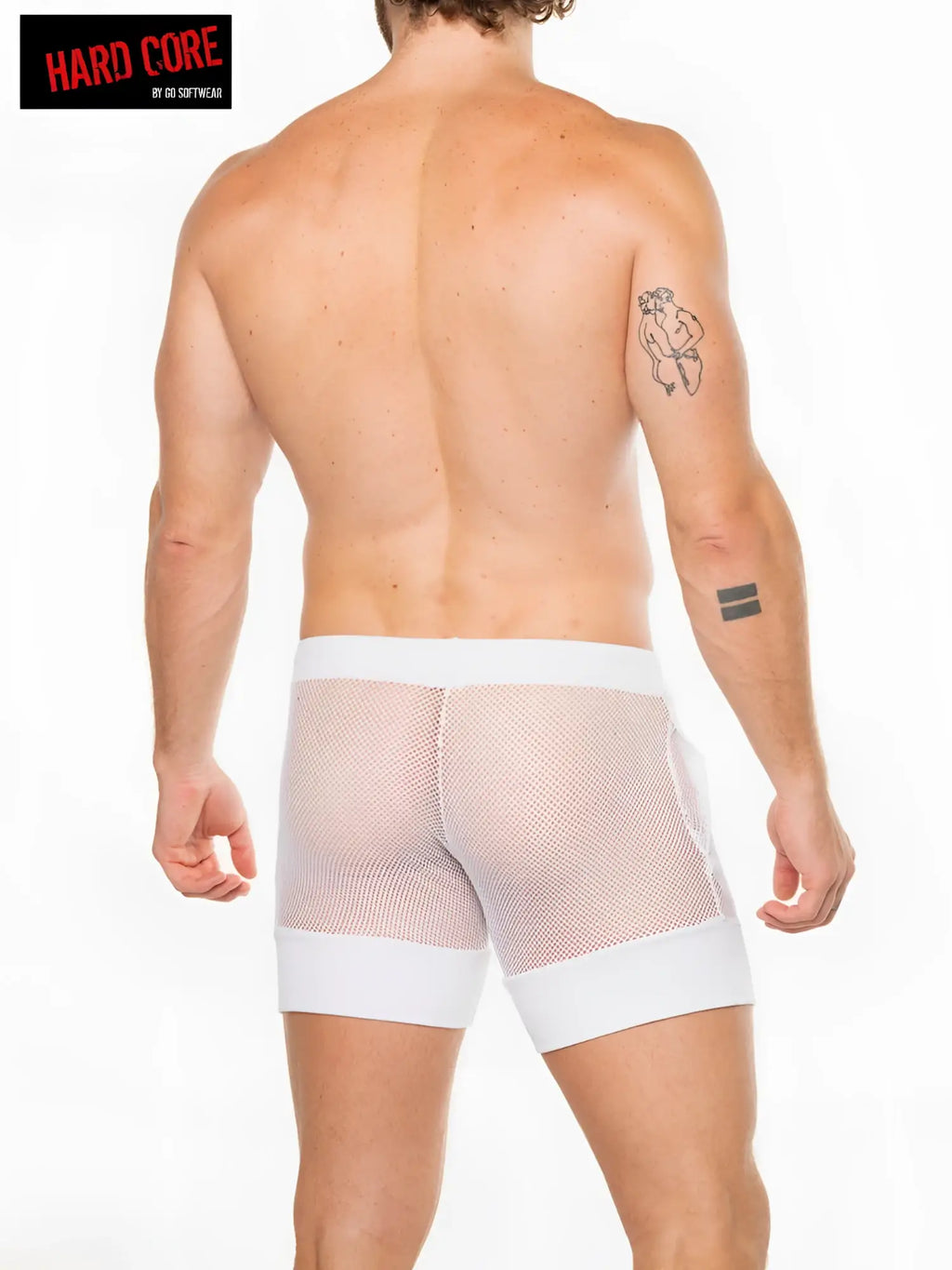White mesh peep master short boxer briefs with solid white waistband and leg cuffs for breathable comfort