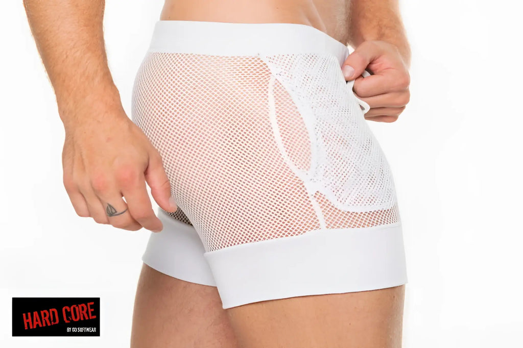 White peep master short mesh briefs with lace detailing and solid white waistband for comfortable wear