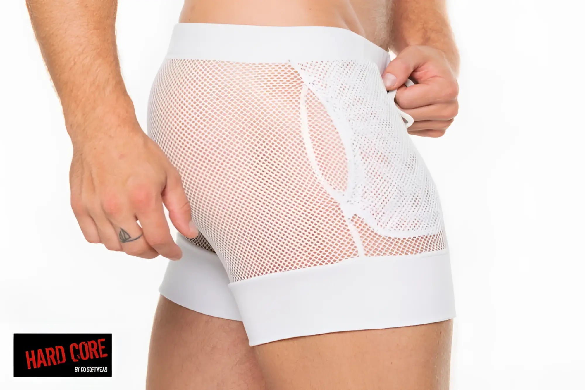 White peep master short mesh briefs with lace detailing and solid white waistband for comfortable wear