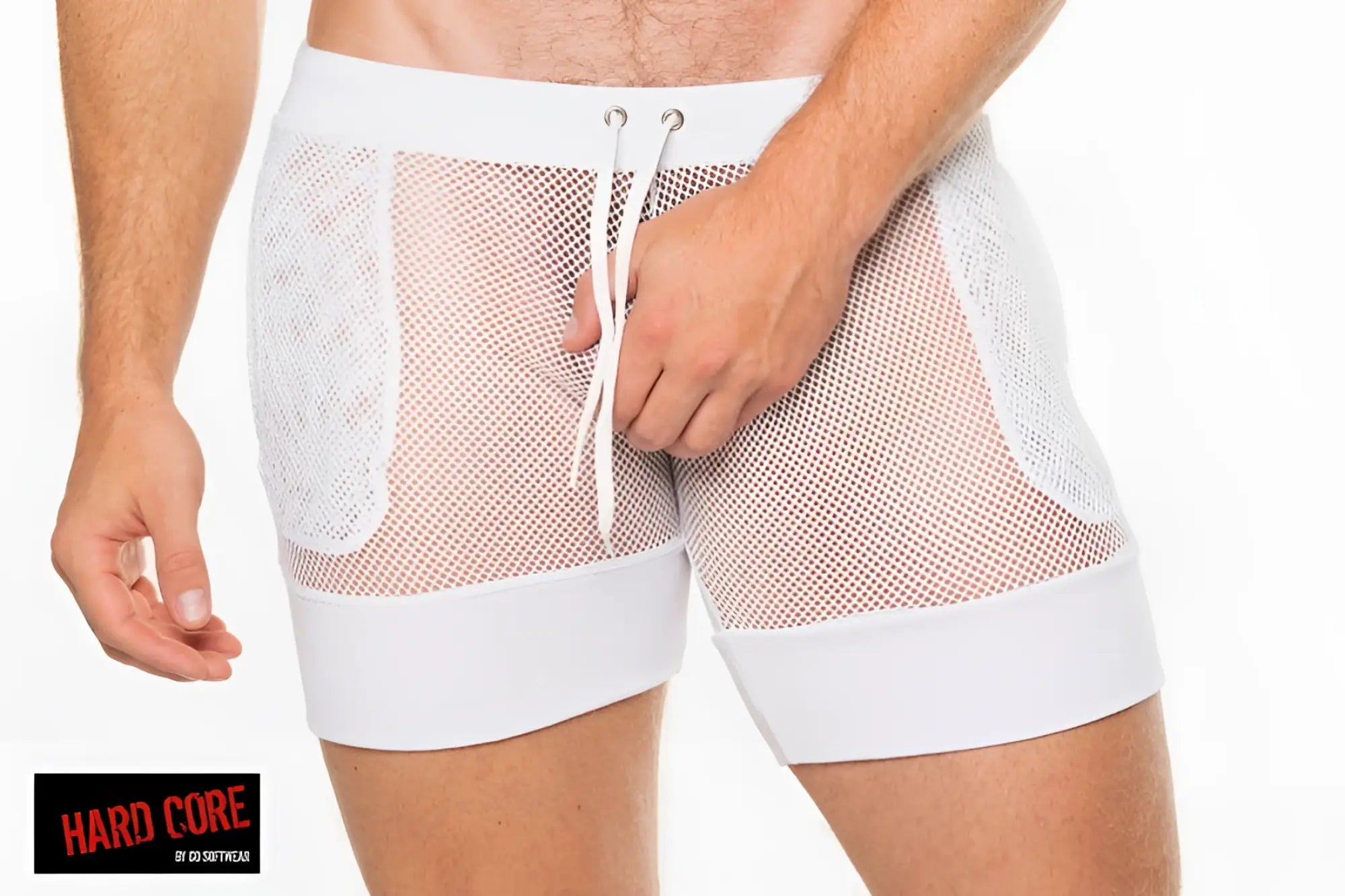Peep master short white mesh shorts with lace panels and drawstring waistband for casual wear