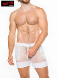 White mesh peep master short with solid white waistband and leg cuffs featuring lace up front detail
