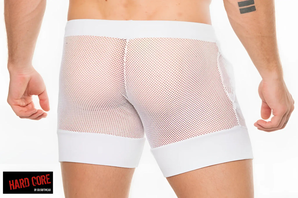 White mesh briefs peep master short with solid white waistband and leg openings for breathable comfort