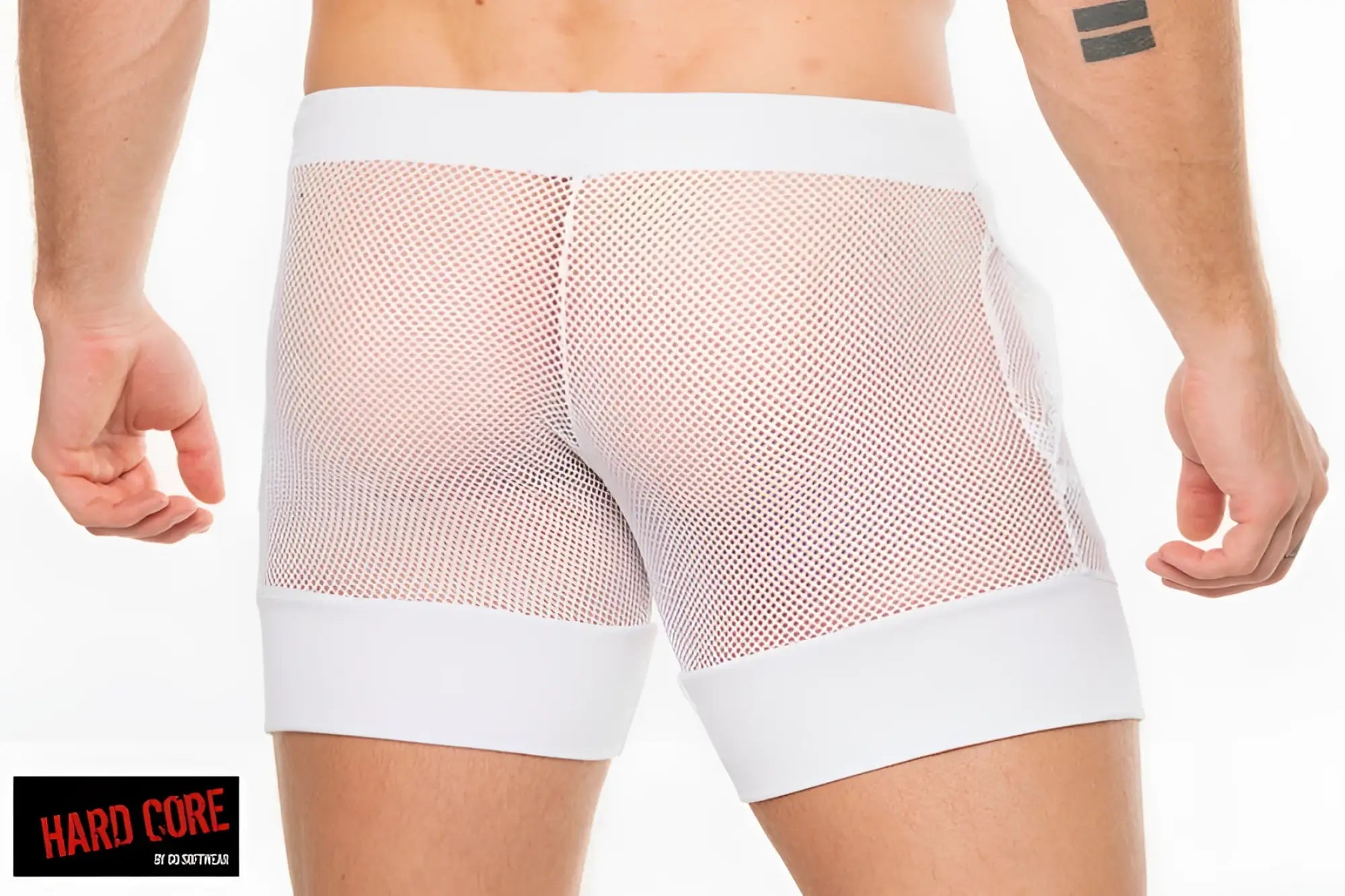 White mesh briefs peep master short with solid white waistband and leg openings for breathable comfort
