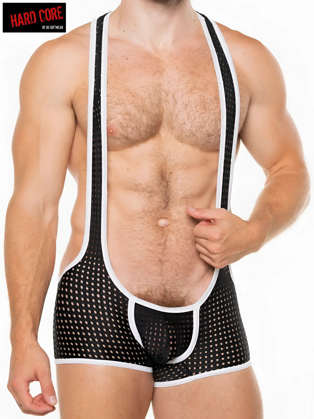 Black mesh suspenders with white trim and perforated design featuring hard core logo on peep scoop singlet back side