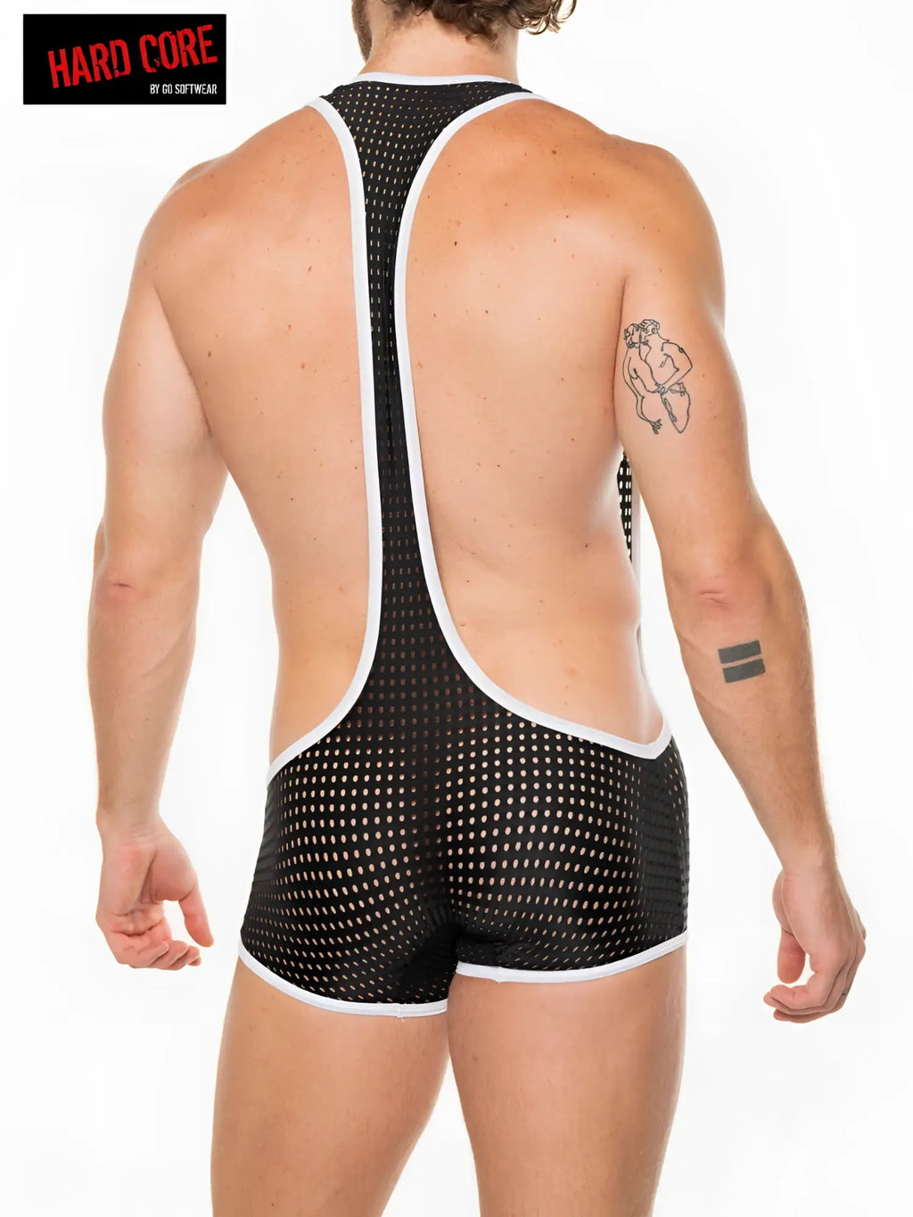 Black mesh wrestling singlet with white trim and racerback design featuring hard core by go softwear branding