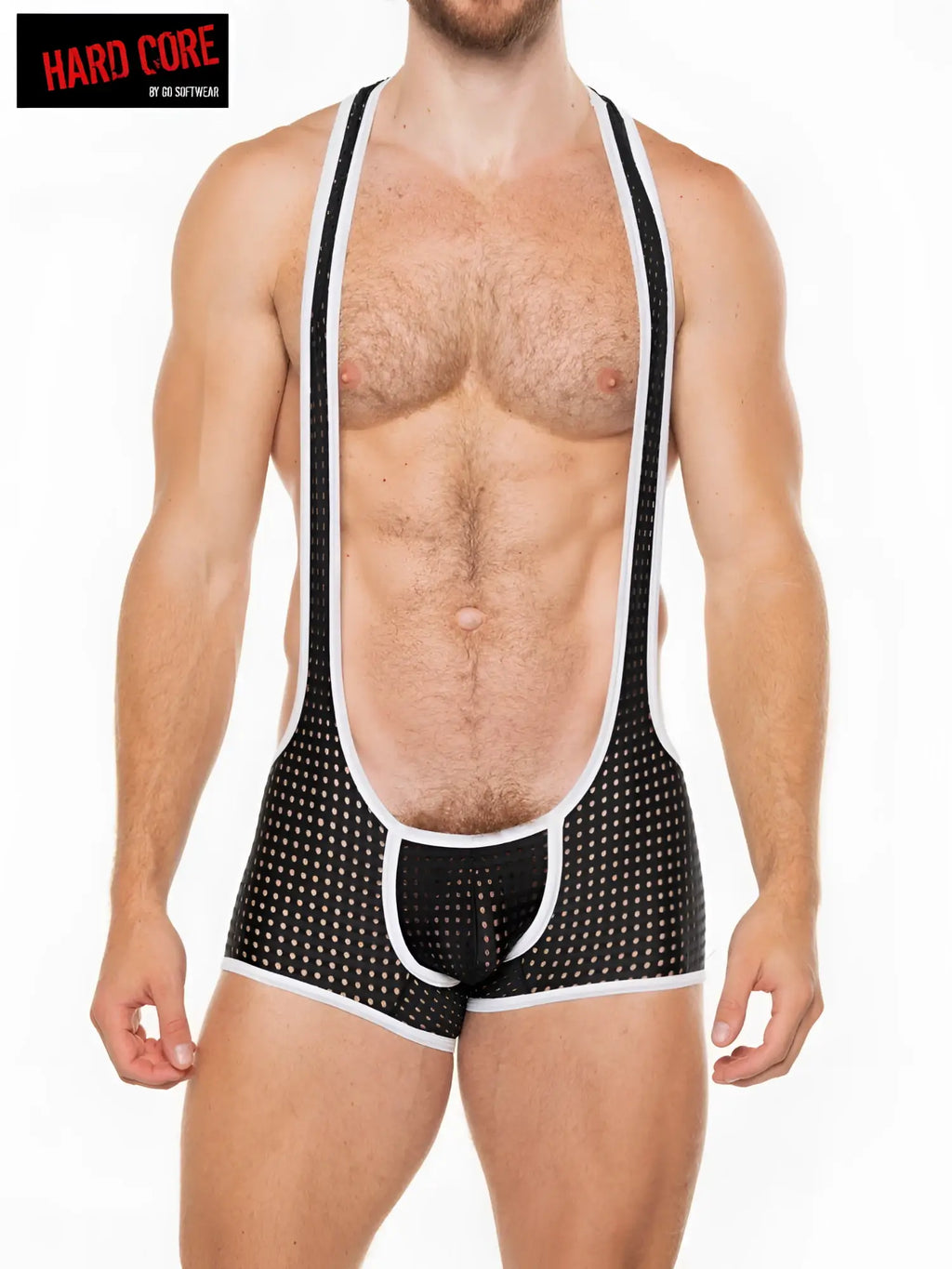 Black and white polka dot mesh suspenders by do softwear under hard core on peep scoop singlet product