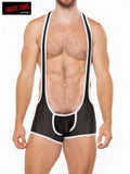 Black and white polka dot mesh suspenders by do softwear under hard core on peep scoop singlet product